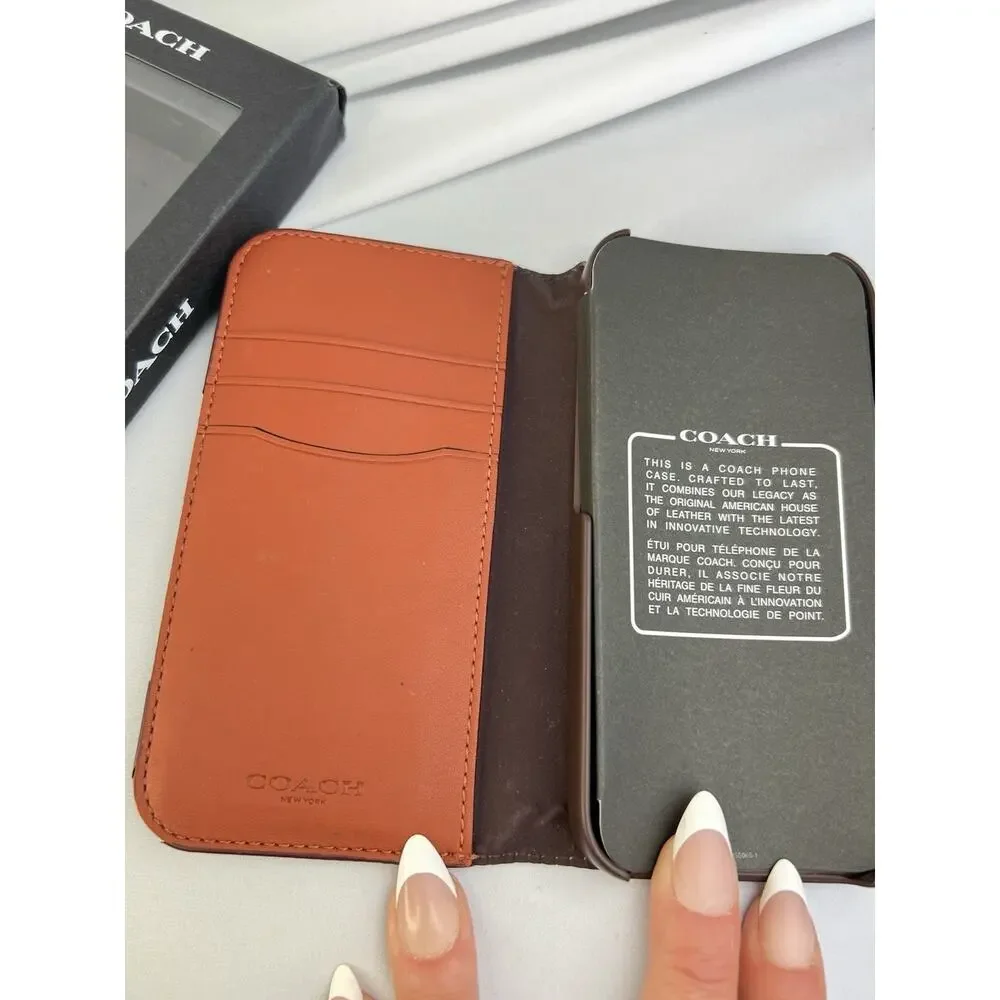 Coach 2024 iPhone 16 Folio Wallet Case Signature C Khaki Tan - Box Included